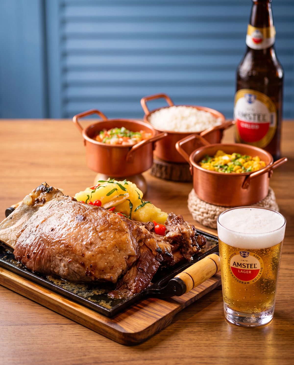 Costela na chapa com acompanhamentos em panelinhas de cobre e cerveja gelada